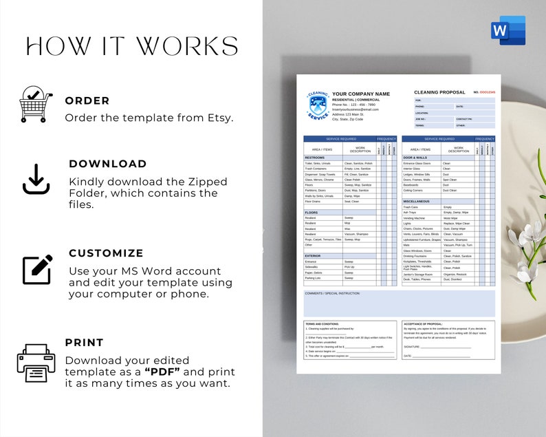 May include: A cleaning proposal template in a blue and white color scheme. The template includes sections for services, pricing, and customer information. The text "YOUR COMPANY NAME" is at the top of the template.