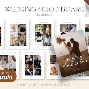 Plantilla de tablero de estado de ánimo de boda, planificador de bodas digital, guía temática de bodas, tablero de diseño de estilo, plantilla Canva editable, inspiración para bodas