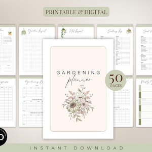 May include: A printable and digital gardening planner with 50 pages. The cover features a floral illustration with a pink background and the text "GARDENING planner".
