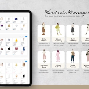 May include: A digital tablet showing the "Wardrobe Manager" app. The app's interface includes sections for style profile, closet inventory, and outfit planning. Illustrations and text describe each feature, promoting wardrobe organisation.