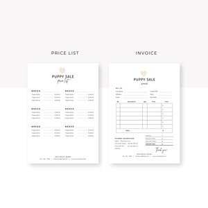 May include: A black and white printable price list and invoice template for a puppy sale business. The template features a heart logo with the text "Puppy Sale" and the words "price list" and "invoice".