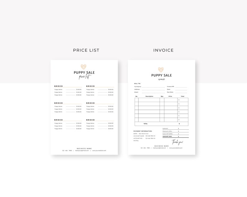 May include: A black and white printable price list and invoice template for a puppy sale business. The template features a heart logo with the text "Puppy Sale" and the words "price list" and "invoice".
