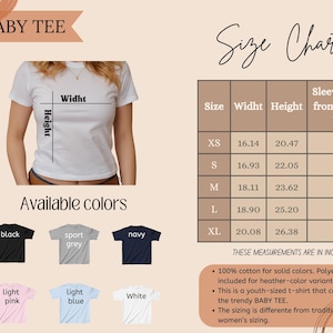 May include: White t-shirt with size chart and color options. The chart shows measurements in inches for width, height, and sleeve length. Available colors include black, sport grey, navy, light pink, light blue, and white.