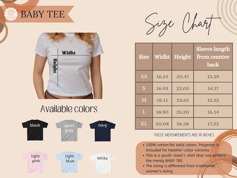May include: White t-shirt with size chart and color options. The chart shows measurements in inches for width, height, and sleeve length. Available colors include black, sport grey, navy, light pink, light blue, and white.
