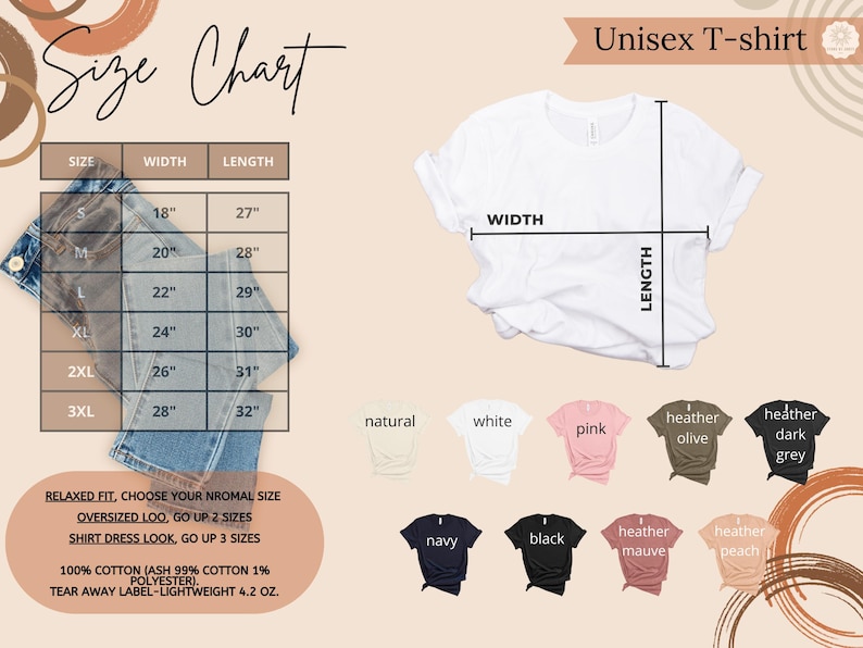 May include: A white Unisex T-shirt with width and length measurements. A size chart shows shirt dimensions in inches, ranging from 18" to 28" width and 27" to 32" length. Various shirt colors are displayed, including navy, black, and pink.