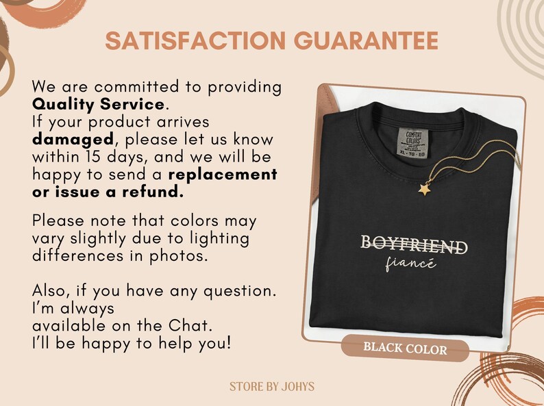 May include: Black t-shirt with the words "BOYFRIEND fianc&eacute;" in white script. A gold necklace with a star pendant is draped on the shirt. The text "BLACK COLOR" is at the bottom.