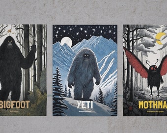 Digital Download - Cryptid Poster Set - Bigfoot, Yeti & Mothman Wall Art