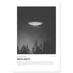 Może przedstawiać: Czarno-biały wydruk przedstawiający UFO nad lasem w nocy. Wydruk zawiera tekst "051: CODENAME SKYLIGHT" i opis zdarzenia. Obraz ma styl vintage i ziarnistą estetykę.