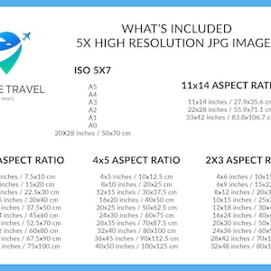 May include: A graphic showing the different sizes and aspect ratios of digital images included in a Globe Travel Prints product. The graphic shows the dimensions in inches and centimeters for each size. The sizes include 3x4, 4x5, 2x3, and 11x14 aspect ratios. The graphic also includes ISO 5x7 sizes, including A5, A4, A3, A2, A1, and A0.