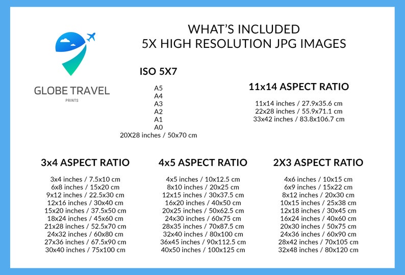 May include: A graphic showing the different sizes and aspect ratios of digital images included in a Globe Travel Prints product. The graphic shows the dimensions in inches and centimeters for each size. The sizes include 3x4, 4x5, 2x3, and 11x14 aspect ratios. The graphic also includes ISO 5x7 sizes, including A5, A4, A3, A2, A1, and A0.