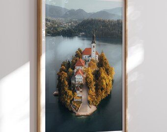 Lake Bled Autumn Print, Slovenia Alpine Lake Photography