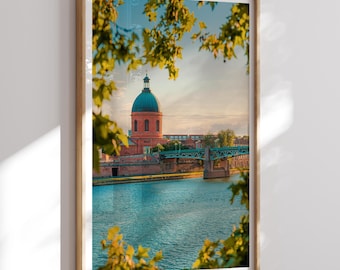 Impressão fotográfica artística de Toulouse, arte de parede com pôr do sol no rio Garonne, pôster da paisagem urbana da cúpula de La Grave, decoração de viagem para a França.