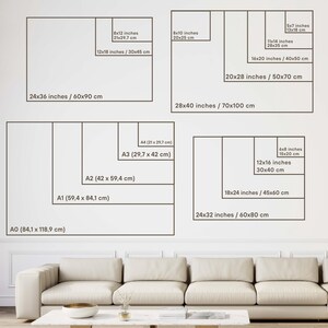 May include: A size chart with various rectangular shapes labeled with dimensions in inches and centimeters. Sizes range from 5x7 inches (13x18 cm) to 24x36 inches (60x90 cm). The text "SIZE CHART" is at the top.