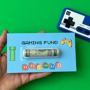 Cartão de dinheiro para impressão para jogadores Fundo de jogos download digital presente para adolescentes Presente de aniversário para jogadores Festa de aniversário de videogame fliperama