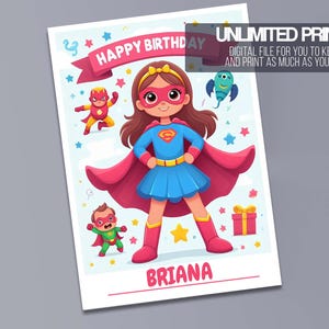 Cartão de feliz aniversário de super-heroína - Cartão infantil editável - Cartão digital infantil - Imprimível com Canva - Download instantâneo (5x7 ou 8,5x11)