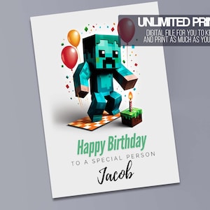 Personalized Mine Block Birthday Card: Kids Printable (Digital Download)