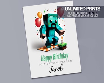 Carte d'anniversaire personnalisée - Carte pour enfants Bloc de mine - Carte numérique pour enfants - Imprimable avec toile, téléchargement instantané (5 x 7, 8,5 x 11 ou 5 x 5 pouces)