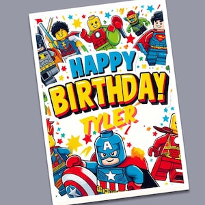Cartão de feliz aniversário de blocos de construção de super-heróis - Cartão infantil editável - Cartão digital infantil - Imprimível com Canva - para download (5x7 ou 8,5x11)