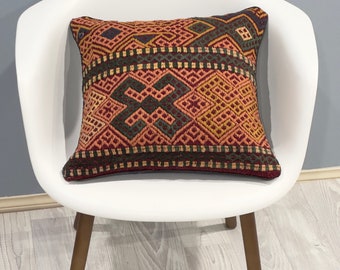 Housse de coussin kilim faite main, 45 cm x 45 cm, taie d'oreiller, coussins, coussin moderne, coussin tapis, ensemble de coussins de canapé, style Kuchi noué à la main