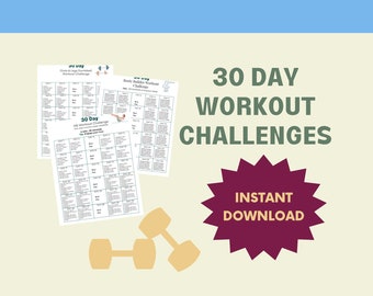Può includere: Una grafica con il testo "30 DAY WORKOUT CHALLENGES" in un font verde. La grafica include anche una stella rossa con il testo "INSTANT DOWNLOAD" in bianco. Ci sono tre calendari di allenamento stampabili con il testo "30 Day" su ciascuno. I calendari sono per un allenamento "Glutes & Legs", un allenamento "Booty Builder" e una sfida "All Workout". La grafica include anche due manubri gialli.
