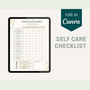 May include: A digital printable self-care checklist with a green and white color scheme. The checklist includes items such as stretch, morning skincare routine, shower, get fresh air, workout, practice gratitude, eat something green, take vitamins, self-affirmations, drink water, sleep early, nighttime skincare, no social media, hobbies, declutter and organize, and reflections. The checklist is designed to be used on a daily basis.