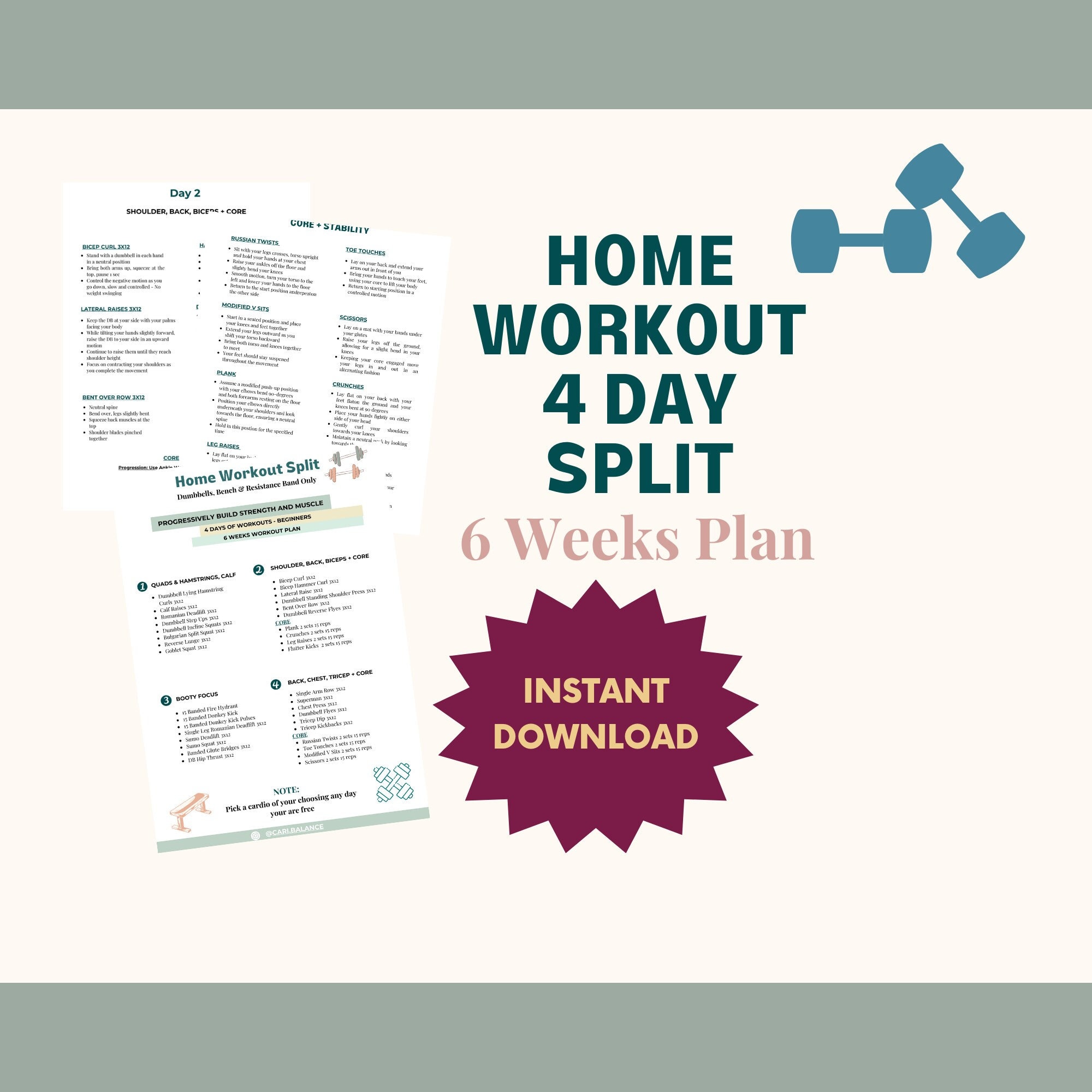 Home Workout 4 Day Spilt strength Training Beginners Program workout From Home dumbbell Workouts cardio Workout weight Training digital Copy Etsy