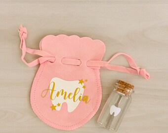 Personalised drawstring tooth fairy pouch/bag with glass tooth pot/ first tooth