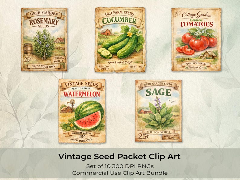 Digital Download PNG Clipart Set Watercolor Garden Illustrations Vintage Seed Packet Design Heirloom Vegetables Flowers Botanical Art Collection Farmhouse Scrapbook Crafting Elements Nostalgic Style Graphics Instant Access Files Perfect