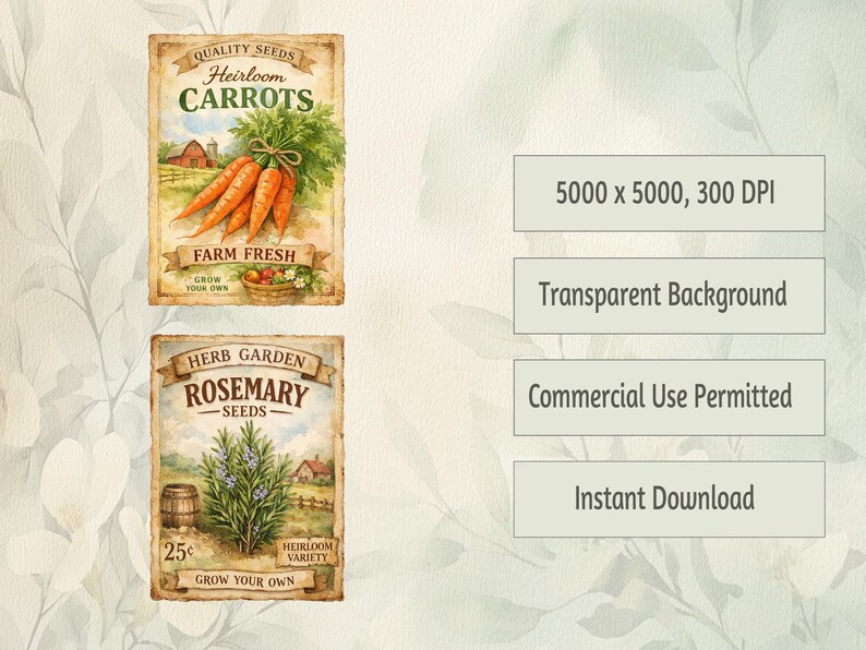 Watercolor Botanical Clipart Collection Vintage Garden Seed Packet Illustrations Digital PNG Download Set Heirloom Vegetables Flowers Farmhouse Style Graphics Scrapbook Design Elements Nostalgic Art Files Instant Access Perfect Crafting