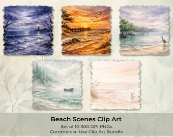 Paquete de imágenes prediseñadas de playa tropical: puesta de sol y océano con aves, PNG - Descarga digital