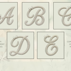 May include: Five pearl-encrusted letters: A, B, C, D, and E. Each letter features a delicate bow at the top. The letters are presented on a soft, neutral background, ideal for digital design projects.