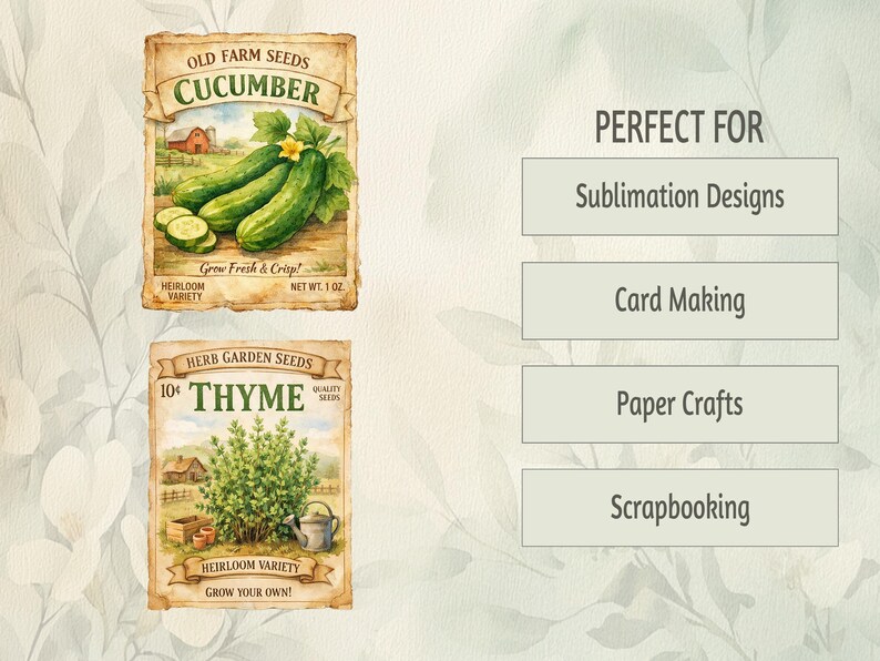 Farmhouse Scrapbook Clipart Elements Vintage Garden Seed Packet Watercolor Illustrations Digital PNG Download Heirloom Vegetables Flowers Botanical Art Set Nostalgic Design Graphics Instant Files Perfect Crafting Projects Small Business
