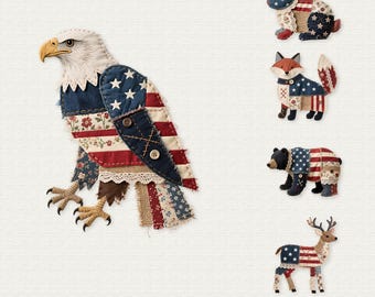 Americana Animal Png Arte de colcha patriótica Paquete digital de patchwork Águila Imagen gráfica Imágenes prediseñadas del 4 de julio Descarga rústica campestre