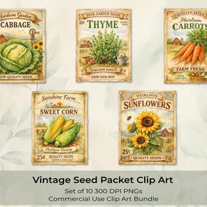 Vintage Garden Seed Packet Clipart Watercolor Vegetables Flowers Digital Download PNG Set Heirloom Botanical Illustrations Farmhouse Scrapbook Elements Nostalgic Art Collection Instant Access Files Perfect Crafting Design Projects Small