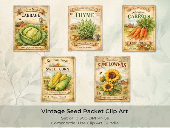 Garden Clipart Digital Download Png Set Watercolor Vegetable Vintage Art Farmhouse Scrapbook Element Seed Packet Heirloom Flower