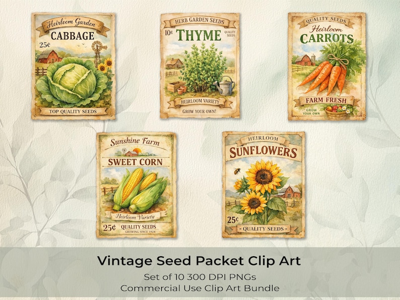 Vintage Garden Seed Packet Clipart Watercolor Vegetables Flowers Digital Download PNG Set Heirloom Botanical Illustrations Farmhouse Scrapbook Elements Nostalgic Art Collection Instant Access Files Perfect Crafting Design Projects Small