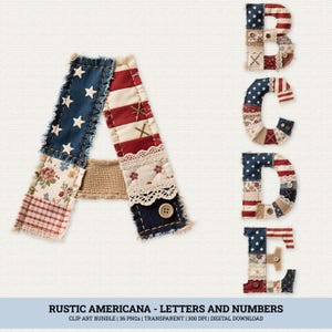 Paquete de imágenes prediseñadas PNG de estilo rústico americano acolchado con letras y números, ideal para manualidades y patchwork en Estados Unidos.