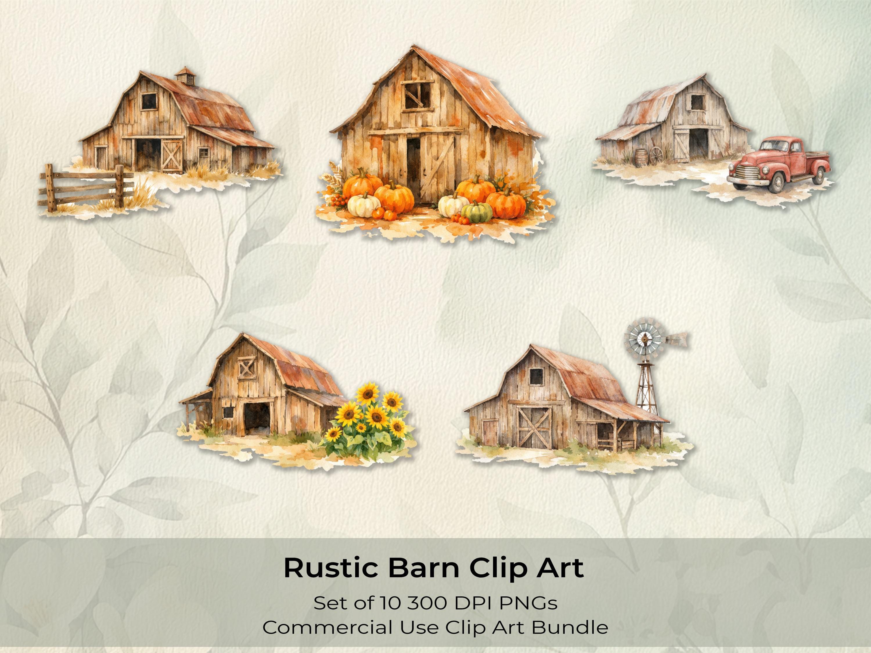 Farmhouse Barn Clipart Set: Rustic Watercolor Barns & Animals, PNG ...