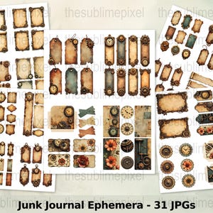 May include: A collection of vintage-style ephemera for junk journals, featuring tags, labels, and clock faces. The designs incorporate gears, aged paper textures, and floral accents in shades of brown, beige, and teal. The text "Junk Journal Ephemera - 31 JPGs" is visible.