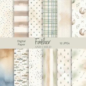 May include: A collection of 12 digital paper patterns featuring watercolor designs including blue polka dots, beige stripes, green hearts, plaid, baseballs, fish, pine trees, and golf clubs with the text Digital Paper Father AND CHILD 12 JPGs.