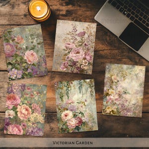 Páginas de diário com motivos florais vintage JPG, papel botânico Shabby Chic, folhas de colagem digital tamanho carta EUA A0287