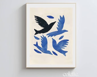 Black and blue bird painting | PRINTABLE wall art |Digital download Living room decor|Painting of black, blue birds flying,beige background