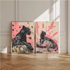 May include: Two framed prints of black panthers on a pink and white background. The panthers are sitting on rocks and looking to the right. The prints are in a modern style and would look great in a living room or bedroom.