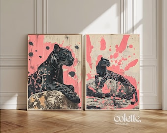 Black panther posters Set of two Leopard print Pink spots printable Wild cat wall art Cheetah wall decor Animal painting Leopard picture 212