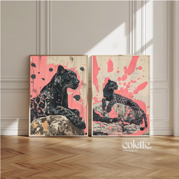 Black panther posters Set of two Leopard print Pink spots printable Wild cat wall art Cheetah wall decor Animal painting Leopard picture 212