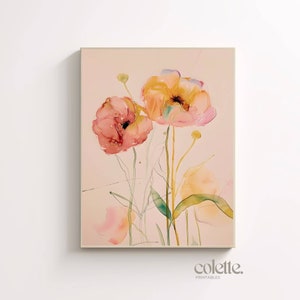Pintura em aquarela de flor abstrata para impressão, pôsteres florais laranja, arte de parede, arte botânica, mercado de flores, decoração de parede 024