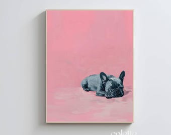 French bulldog painting Printable pet portrait wall art Pink dog poster Frenchie owner gift Sleeping dog artwork Girlie dog print 290