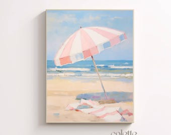 Beach with umbrella painting Printable Coastal beach poster Pink sunbrella wall art Girlie artwork Beach print Pastel summer artwork 113
