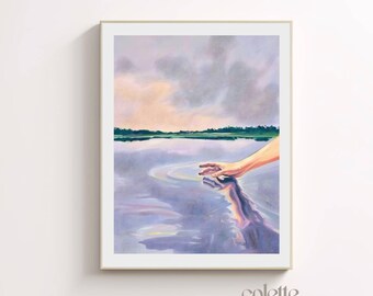 Lake swimmer painting Printable swimmer poster Nautical wall art Pastel lake sunset print Lake landscape Summer artwork Sailboat print 186