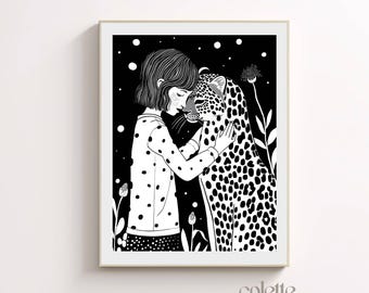 Leopard and girl poster Printable wild cat wall art Black and white drawing Leopard print Cat girl artwork Girlie painting Risograph 120